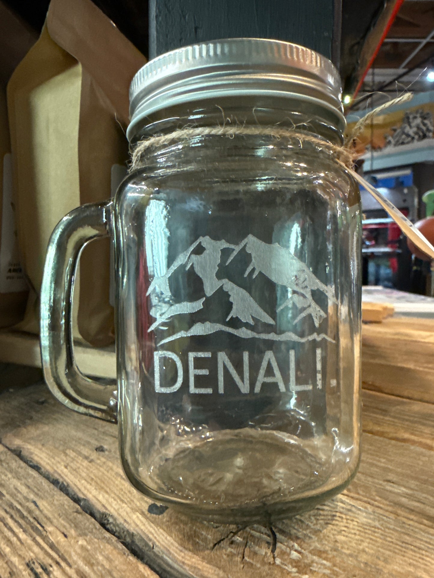 Glass etched DENALI. mug (clear with logo lid)