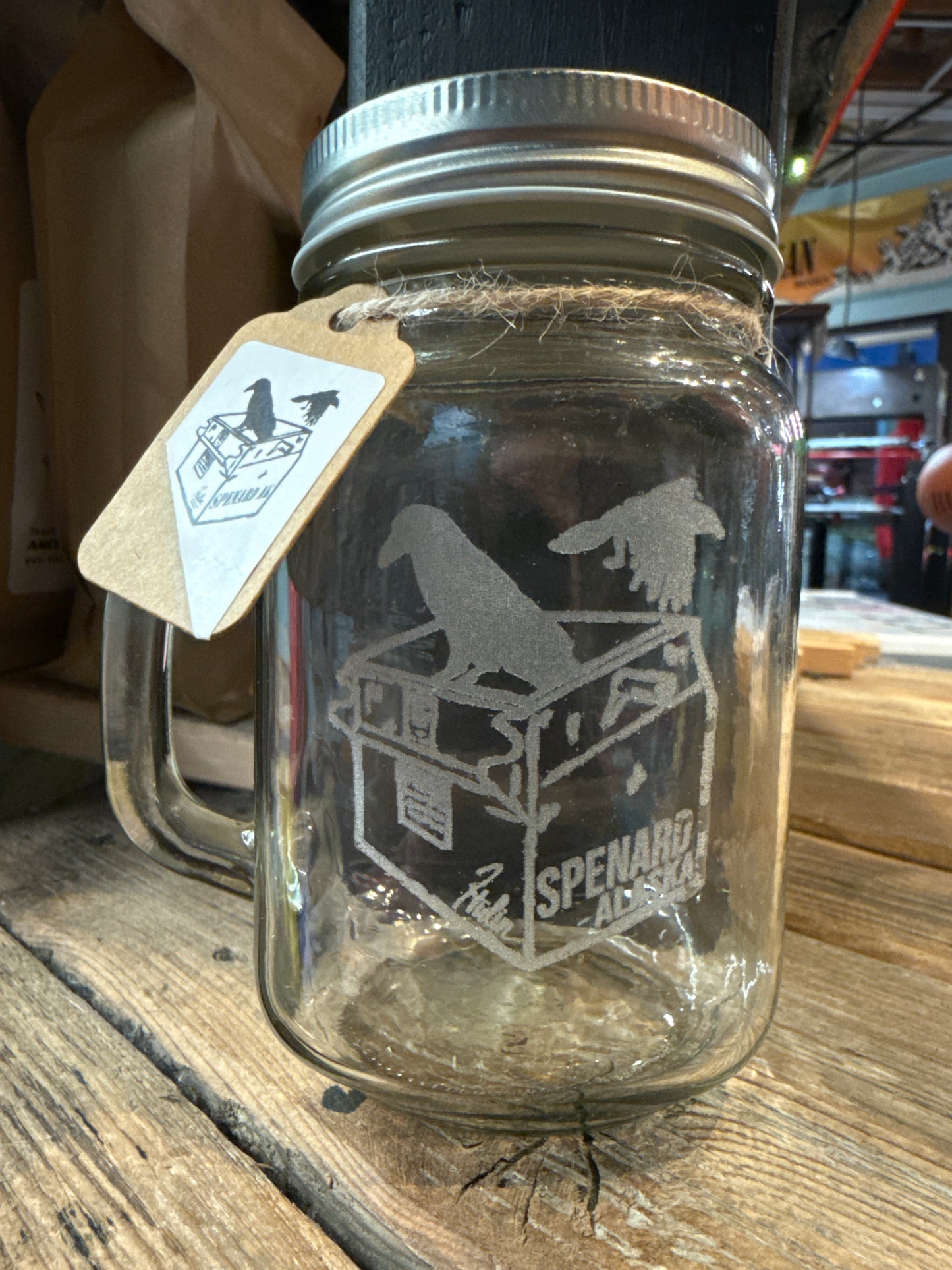 Glass etched Spenard mug (clear with logo lid)
